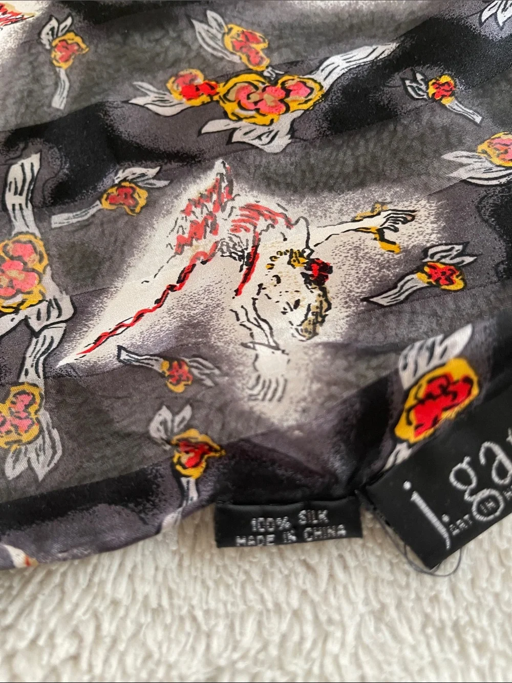 J. Garcia Gray Silk Print Scarf with Red Yellow Accents Women’s